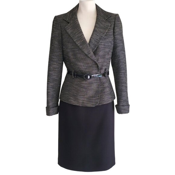 Tahari ASL Tweed Double Breasted Belted Jacket Black Skirt Suit Set Size 4 - Picture 1 of 16